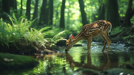 A spotted deer drinking from a calm forest stream surrounded by ferns.