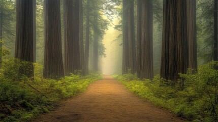 Fototapeta premium A tranquil forest path vanishes into thick fog, inviting exploration in the serene wilderness of towering trees