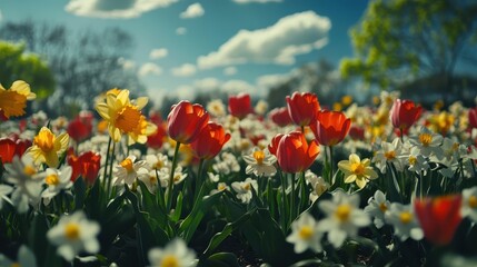 Fototapeta premium A springtime garden filled with blooming tulips and daffodils in vivid colors.