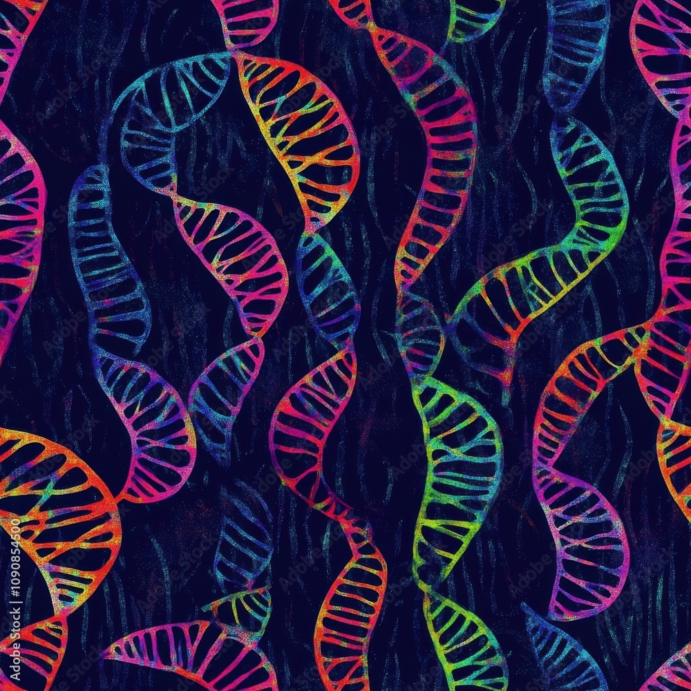 Poster vivid illustration showcasing intricate double-helix dna strands intertwined against a dark backgrou