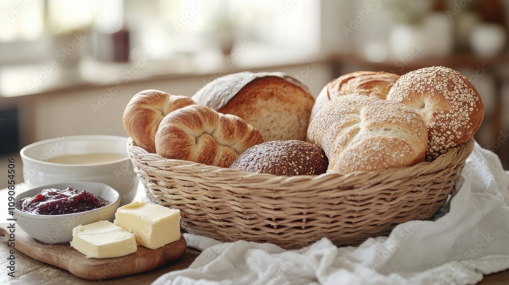 Poster a cozy breakfast setting featuring a basket of freshly baked breads with butter and jam on a wooden 