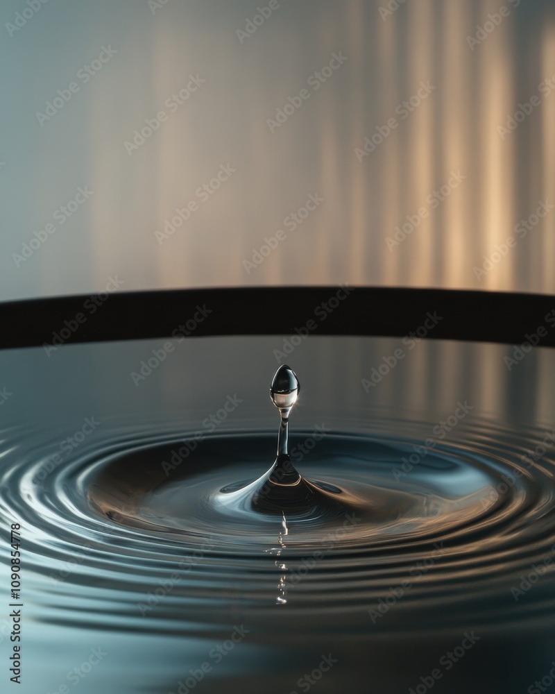 Poster a close-up of a water drop splashing into still water during golden hour, creating ripples in serene