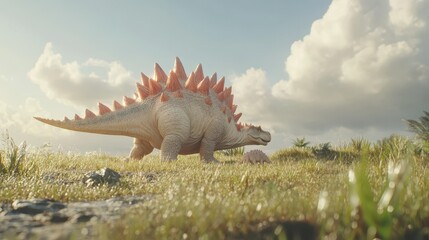 A Stegosaurus standing protectively over its young, its spiked tail raised defensively.