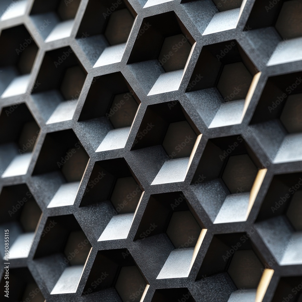 Poster close-up view of interlocking hexagonal shapes creating a textured surface with depth and contrast i