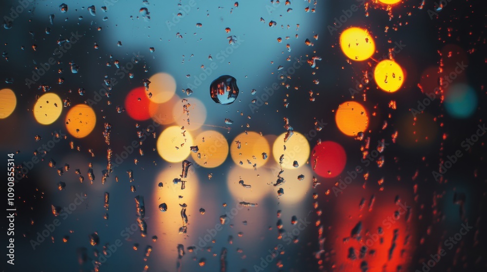 Poster a close-up view of a single raindrop landing on a vibrant city window during a rainy evening