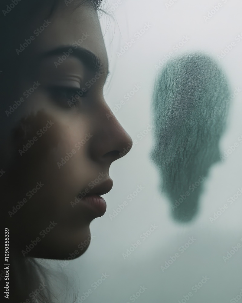 Poster close-up of a person's face reflected on a misty window, capturing a ghostly silhouette in soft ligh