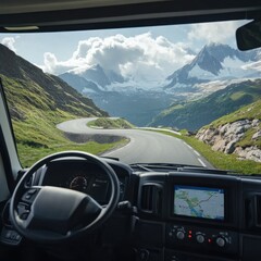 A close-up view of a motorhome dashboard as journey begins on a winding mountain road with stunning views of peaks and valleys