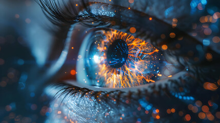 Digital Eye: Glowing Iris with Blue and Orange Sparks, Abstract 3D Illustration Background