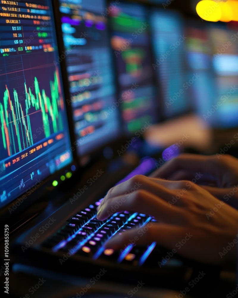 Poster Close-up of a financial analyst’s hands typing on a keyboard while monitoring stock market data during evening hours