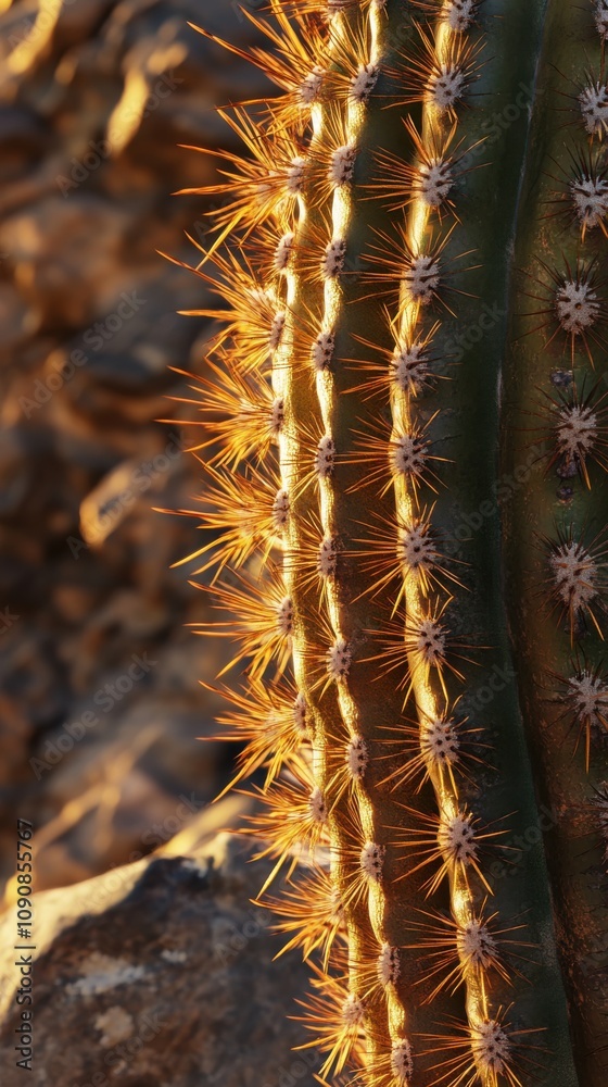 Aufkleber a close-up view of a giant saguaro cactus highlighting its intricate spines during golden hour in th