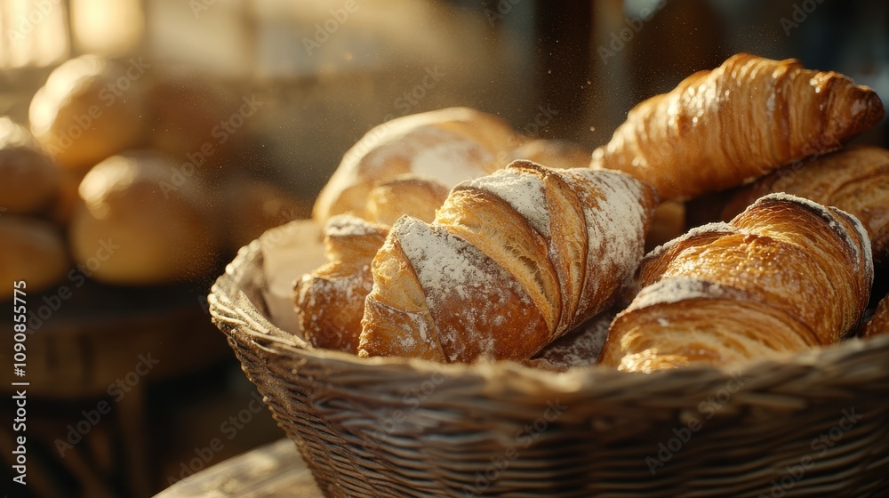 Aufkleber A close-up view of a rustic bread basket filled with fresh, crusty croissants and rolls in a warm, inviting bakery setting