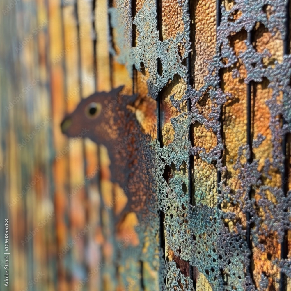 Aufkleber a close-up view of a textured metal fence with artistic gaps and holes, revealing the intricate desi