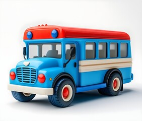 Cute cartoon school bus in blue and red with a solid-color background made of cartoon clay material with glossy paint gradient color and bright light source at a tilt angle