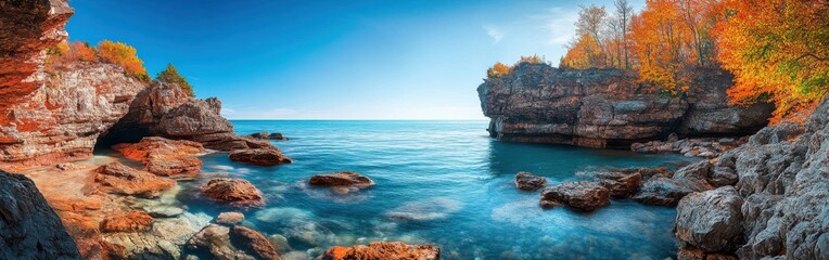 Explore the stunning beauty of the Apostle Islands during autumn with vibrant colors reflecting on calm waters