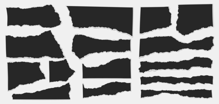 Set of torn black note paper pieces with soft shadow are on white background for text or ad.