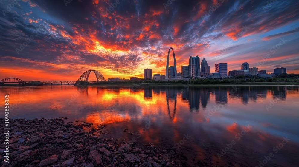 Poster stunning sunset view of the gateway arch in st. louis with vibrant clouds and reflections on the riv