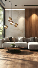 3D Illustration Modern Living Room Interior, Sofa, Coffee Table, Pendant Lights