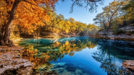 Explore the vibrant fall colors and serene waters of Chickasaw National Recreation Area at sunrise