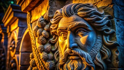 Obraz premium Low Light Photography of an Expressive Carved Stone Face Captured in a Mysterious Atmospheric Setting Highlighting Intricate Details and Shadows