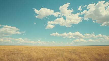 Obraz premium A vast prairie stretching to the horizon under a sky filled with dramatic clouds.