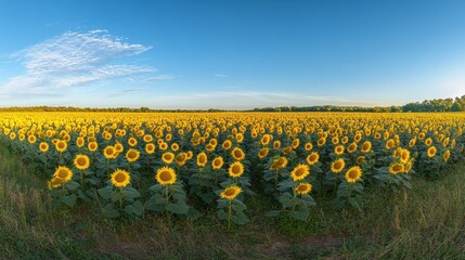 Obraz premium A stunning panorama of a vast sunflower field under a clear blue sky during the golden hour in late summer
