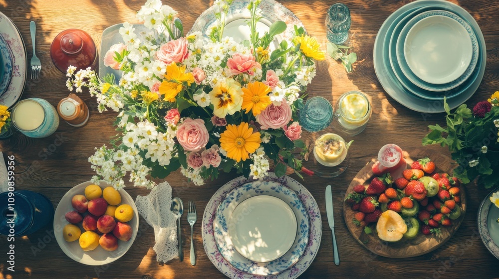 Poster a cheerful table setting adorned with flowers and fresh fruit for a summer gathering in a garden at 