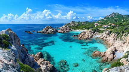 Vibrant Turquoise Cove: Picturesque Coastal Scene of Granite Rocks, Clear Water, and Lush Mediterranean Hills under a Sunny Sky