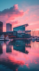 Fototapeta premium Stunning sunset over the Maryland Science building reflecting on the calm waters of the harbor, enhancing the beauty of the urban skyline