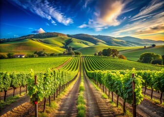 Naklejka premium Lush Vineyard Landscape with Grape Vines and Scenic Hillside, Perfect for Wine Lovers and Nature Enthusiasts, Inviting Atmosphere for Relaxation and Leisure Activities