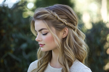 Fototapeta premium Beautiful young woman with elegant braided hairstyle outdoors