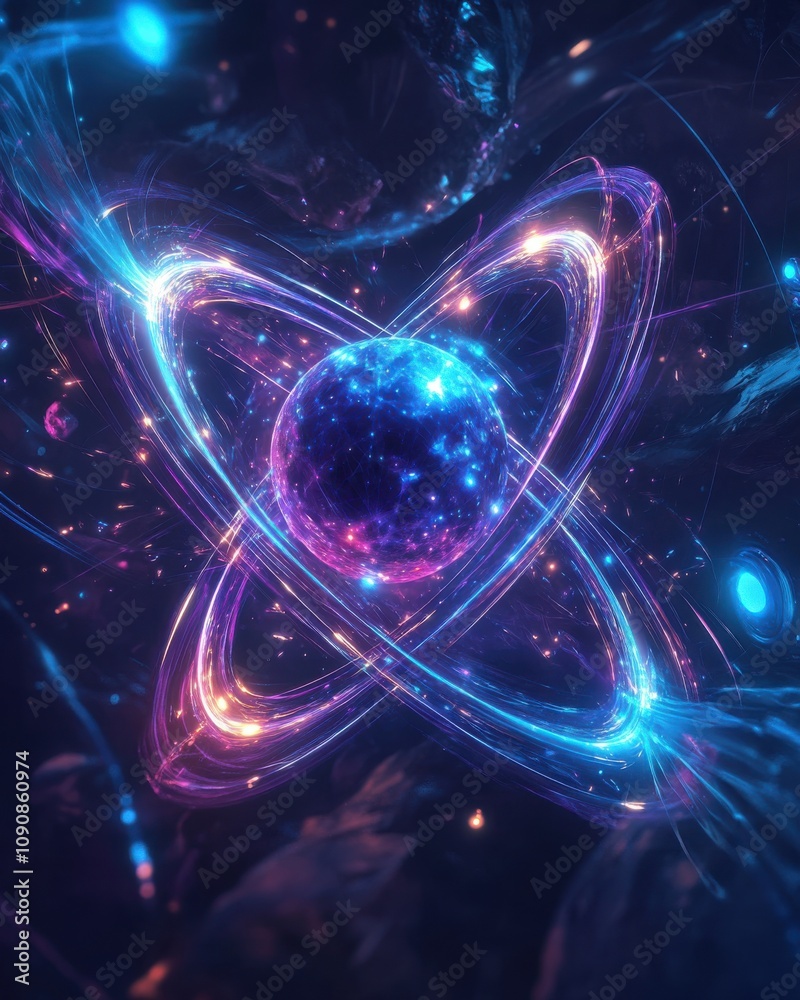 Poster an artistic depiction of an atomic model with a vibrant electron orbiting a glowing nucleus against 