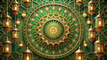 Obraz premium Luxurious Green and Gold Rotating Line Mandala with Hanging Lanterns for a Serene Vertical Video Background in Architectural Photography