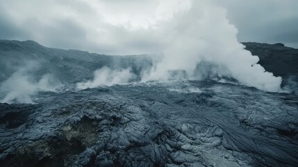 A volcanic landscape with steaming fumaroles and hardened lava flows under a gray sky.