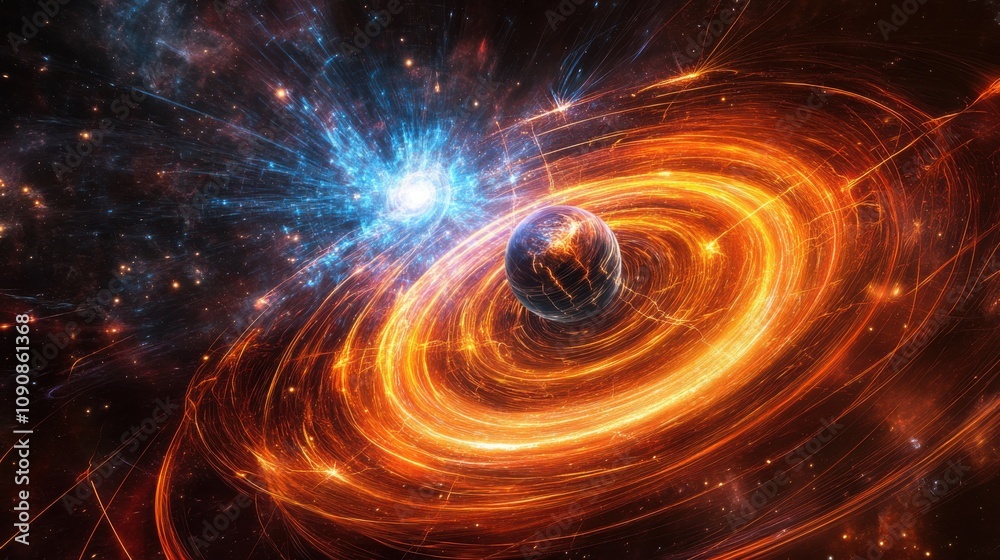 Poster An abstract visualization of dynamic magnetic fields interacting in a cosmic environment at the edge of a starry galaxy