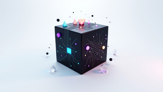 A futuristic AI system depicted as a glowing black cube with digital patterns and a floating crystal at its center.