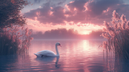 Fototapeta premium Elegant Swan on Tranquil Lake at Sunset with Soft Pink Sky