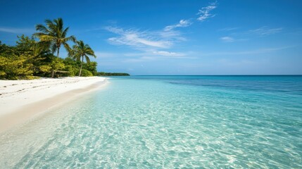Fototapeta premium Experience the tranquility of a tropical beach with clear turquoise waters and swaying palm trees under a bright blue sky