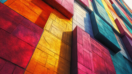 Fototapeta premium A vividly textured facade in striking colors, showcasing an artistic and modern approach to architecture and design, AI Generative