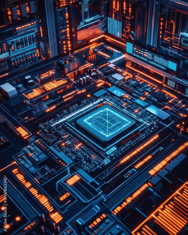 Fototapete aerial view of a cutting-edge workstation showcasing vibrant circuitry and glowing components in a m