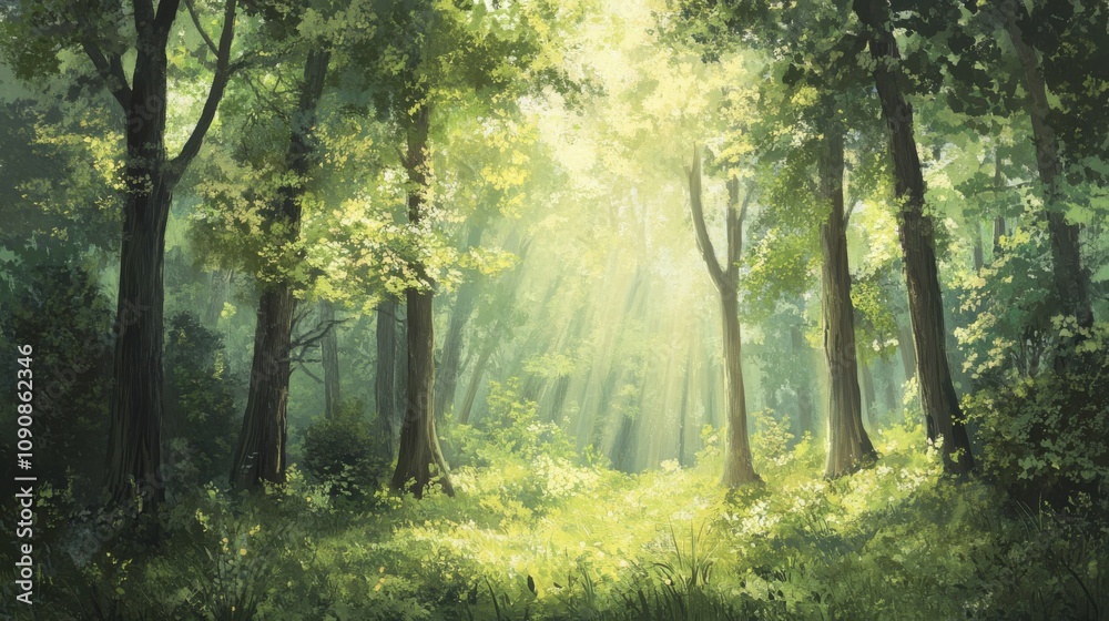 Poster A peaceful forest with tall trees, sunlight filtering through leaves, creating a calming atmosphere in nature during daytime