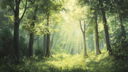 Naklejka premium A peaceful forest with tall trees, sunlight filtering through leaves, creating a calming atmosphere in nature during daytime