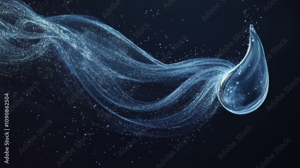 Aufkleber A stylized representation of a water droplet with flowing waves and particles in a dark background creating a tranquil atmosphere