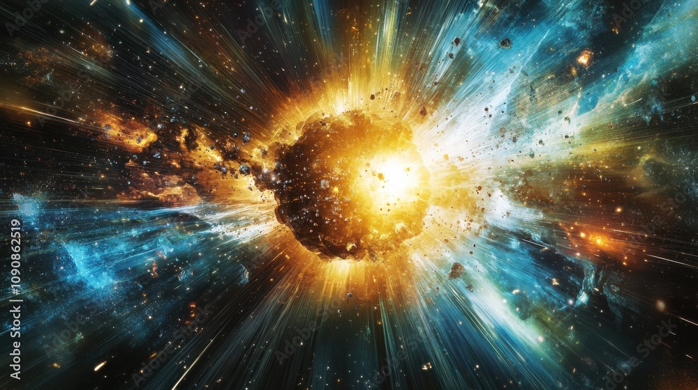 Poster A vibrant and dynamic illustration depicting the Higgs boson interaction in the context of particle physics and cosmology