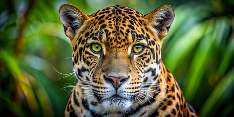 Fototapeta premium Macro Portrait of a Majestic Jaguar in Guiana: Capturing the Intricate Details of Its Striking Facial Features and Lush Natural Habitat