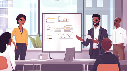 confident man presents project proposal to diverse panel in modern office setting, using visual aids on whiteboard to illustrate key points