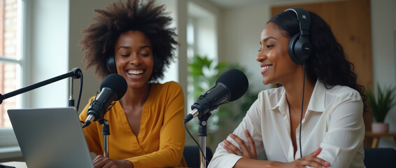 Fototapeta premium Professional African American Women Podcasting in a Modern Setting