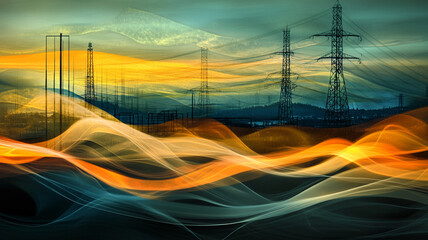 abstract image of energy waves with hints of fossil fuel infrastructure, featuring vibrant colors and dynamic movement, symbolizing intersection of technology and nature