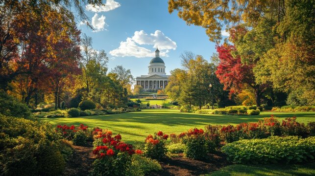 A beautiful autumn day in historical Kentucky with vibrant gardens and a classic building in the background