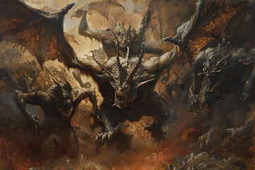 Scary sinister devil is in hell with dramatic fire lighting