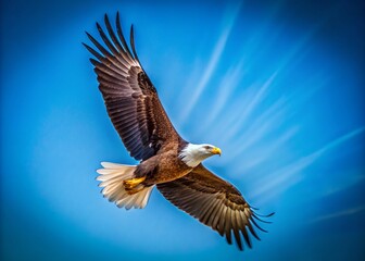 Fototapeta premium Majestic Eagle Soaring in a Vast Blue Sky: A Minimalist Photography Perspective Capturing Nature's Grandeur and Freedom with Clean Lines and Simple Composition